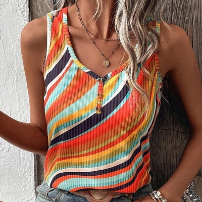 Wavy Striped Buttoned V Neck Tank Top | S-XL