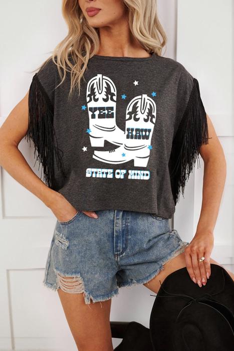 YEE HAW Boots Graphic Fringed Sleeve Tee | S-XL