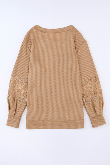 Waffle And Floral Lace Long Sleeve Top | S-XL