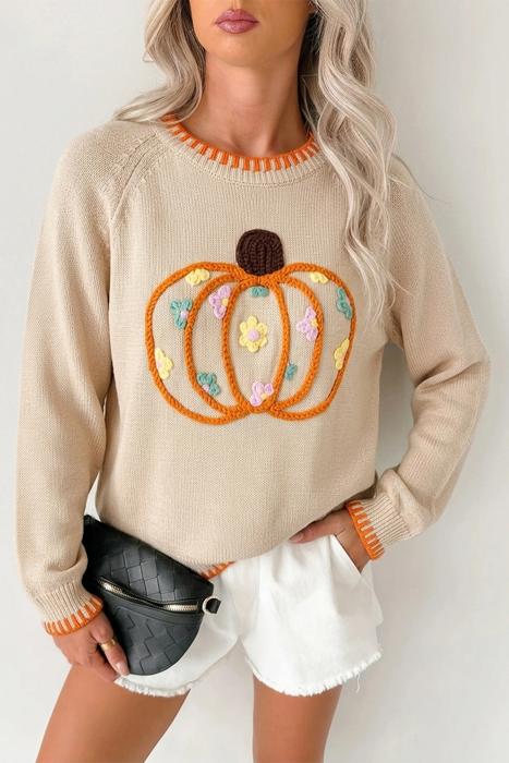 Pumpkin Embroidered Long Sleeve Sweater | S-XL