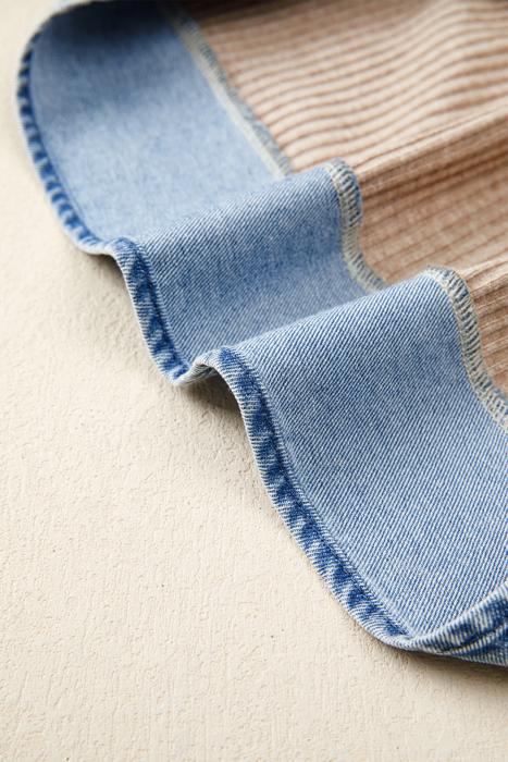 Ribbed Knit Denim Color Block Collared Blouse | S-XL