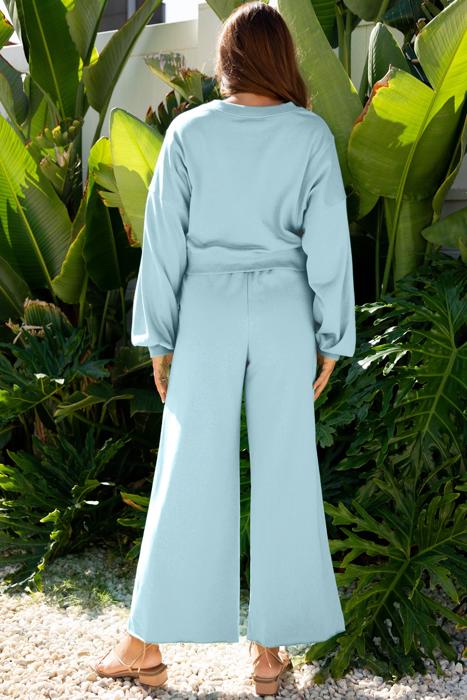 Drop Shoulder Puff Sleeve Cropped Pullover Pants Set | S-XL