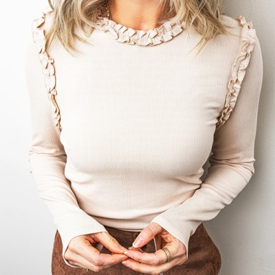 Solid Color Frill Detail Long Sleeve Top | S-XL