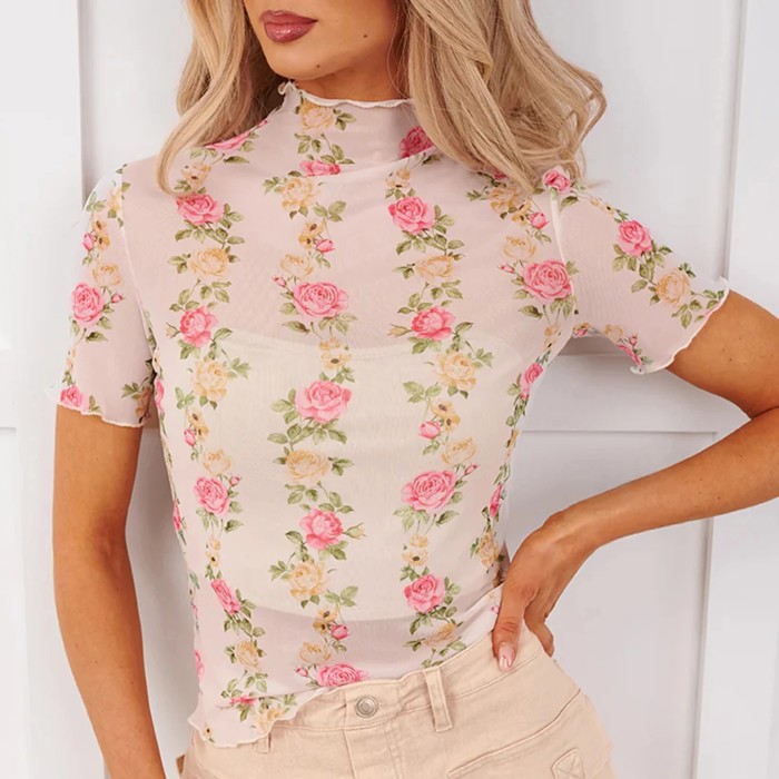 Sheer Bloom Mock Neck Top | S-XL