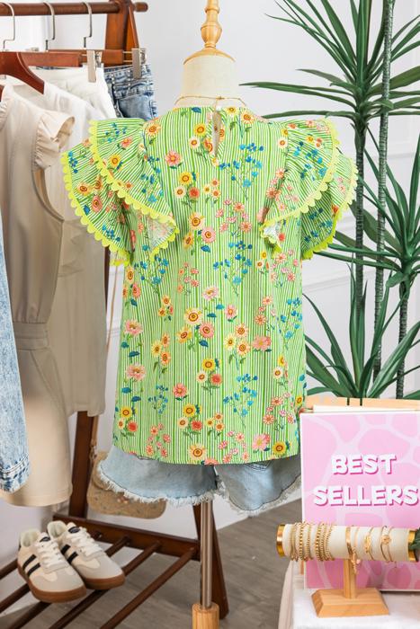 Stripe Floral Ruffle Sleeve Top | S-XL