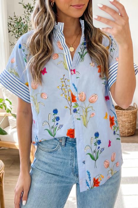 Floral Striped Patchwork Ruffled Collar Shirt | S-XL