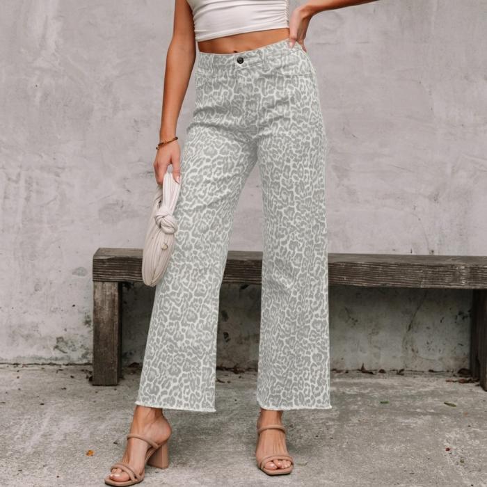 High Waisted Leopard Wide Leg Jeans