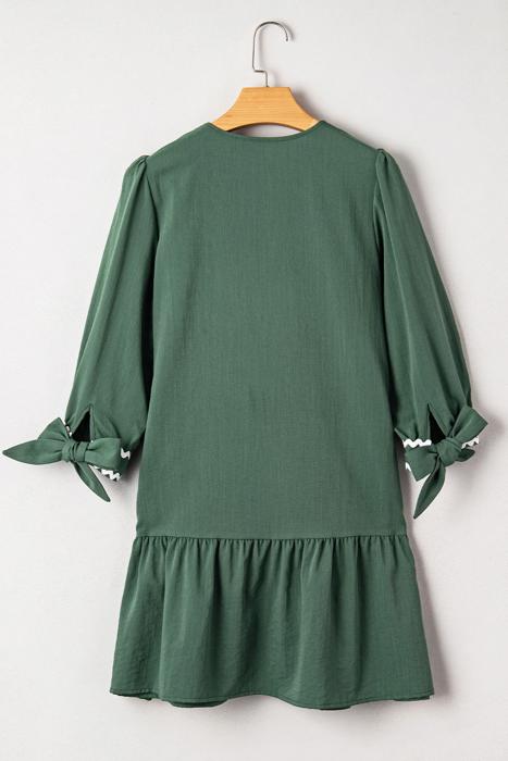 Contrast Ric Rac Trim Button V-Neck Shift Dress | S-XL