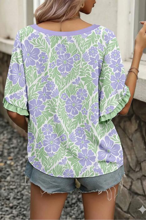 Floral Ruffle Colorblock Trim Blouse | S-XL