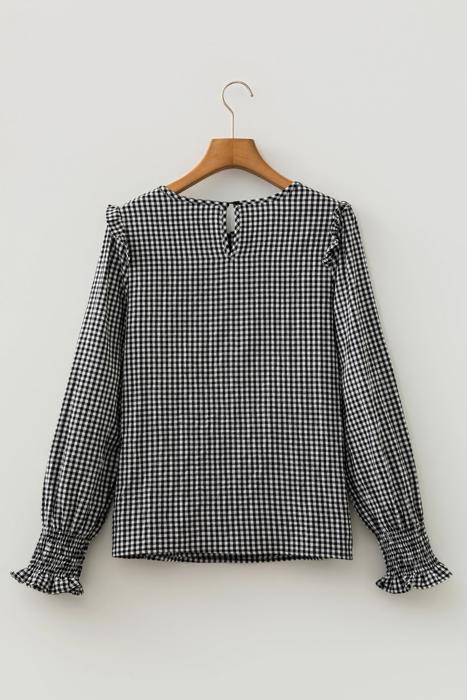 Plaid Shirred Cuff Long Sleeve Blouse | S-XL