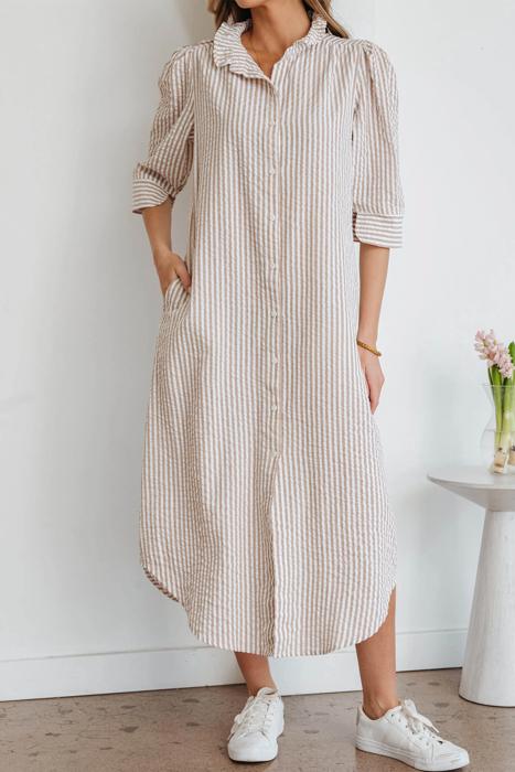 Striped Collar Half Sleeve Shirt Maxi Dress | S-XL