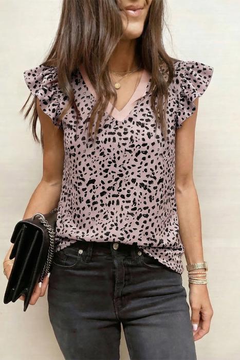 Cheetah Ruffle V Neck Loose Tank | S-XL