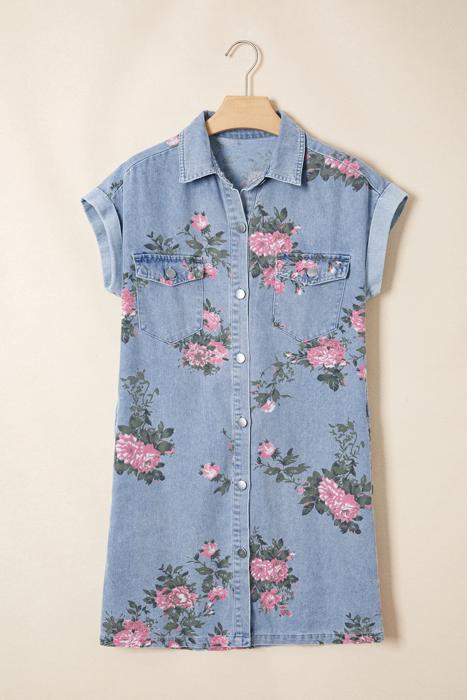 Floral Print Denim Button-Down Shift Dress | S-XL