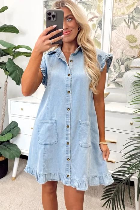 Classic Chic Ruffle Collar Denim Dress | S-XL