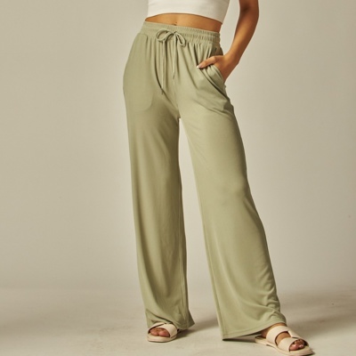 Stretchy Ribbed Drawstring Pocket Wide Leg Pants