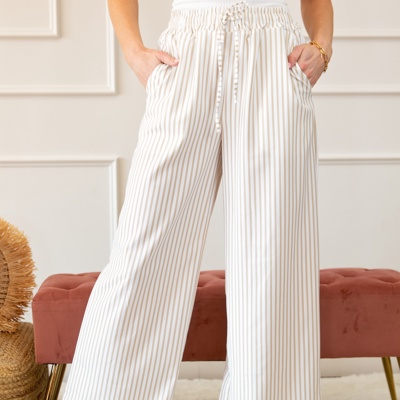Stripe Wide Leg Adjustable Drawstring Waist Pants | 1X-3X