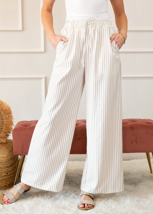 Stripe Wide Leg Adjustable Drawstring Waist Pants | 1X-3X
