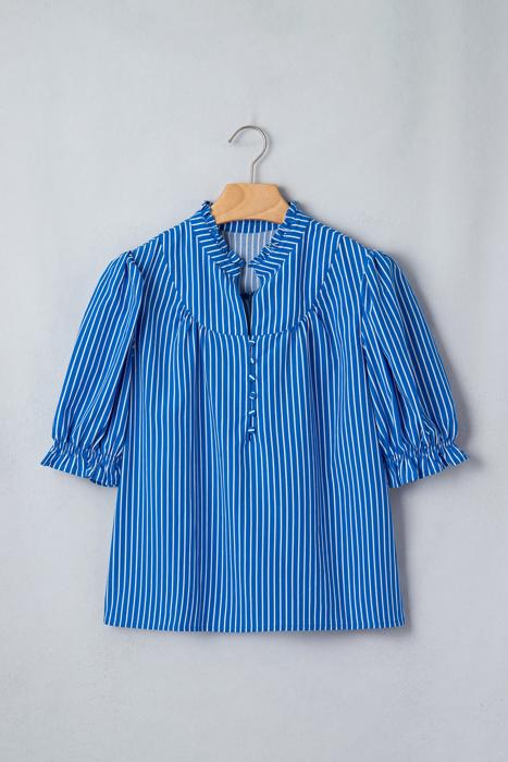 Short Puff Sleeve Stripe Ruffle Blouse | S-XL