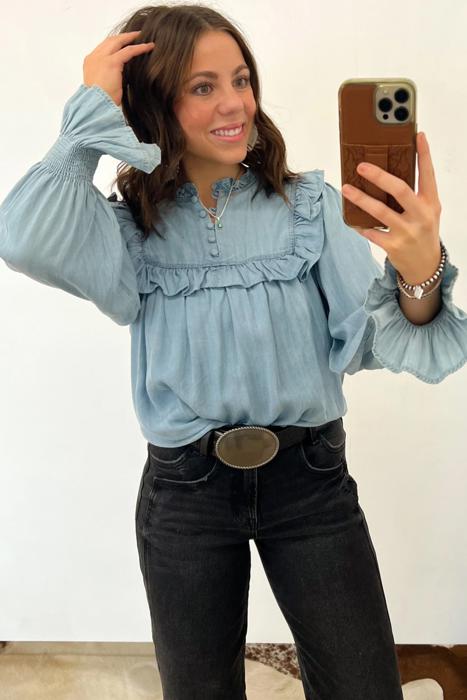 Western Ruffle V-Neck Chambray Blouse | S-XL