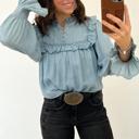  Western Ruffle V-Neck Chambray Blouse | S-XL