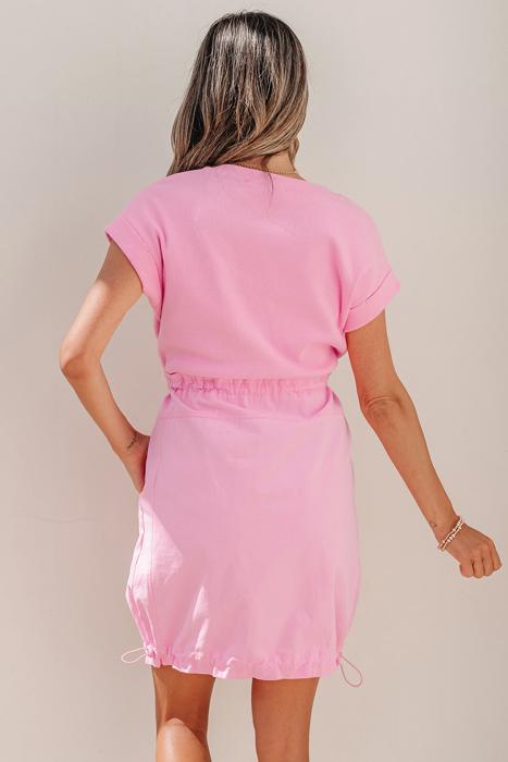 Cuffed Sleeve Patchwork Drawstring Mini Dress | S-XL