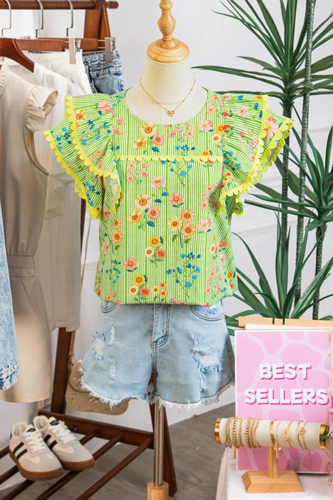 Stripe Floral Ruffle Sleeve Top | S-XL