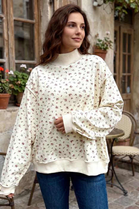 Cozy High-Neck Floral Detail Sweatshirt | S-XL