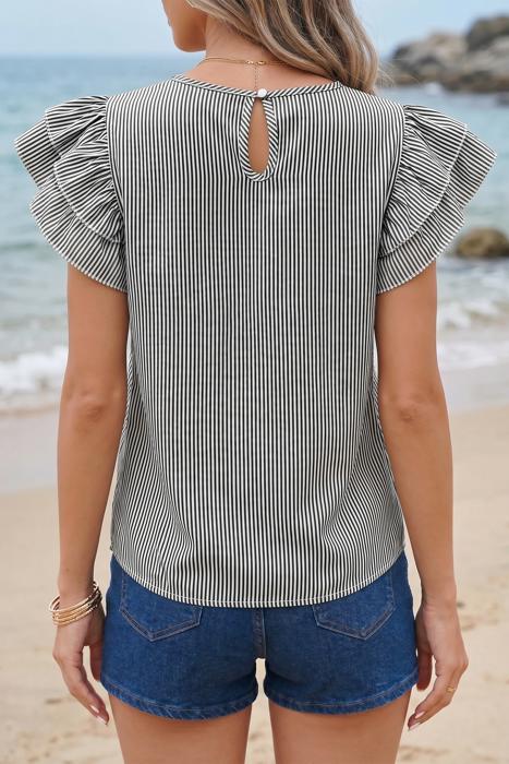 Ruffle Sleeve Stripe Round Neck Blouse | S-XL