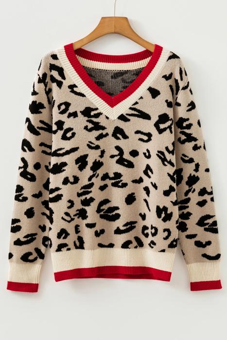 Leopard Print V-Neck Ribbed Sweater | S-XL