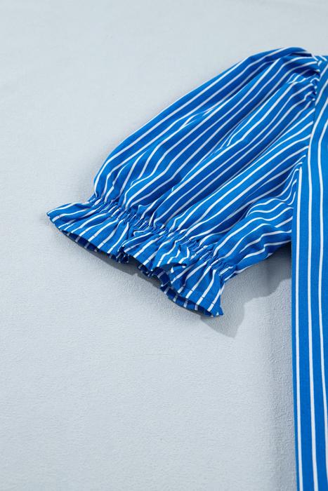 Short Puff Sleeve Stripe Ruffle Blouse | S-XL