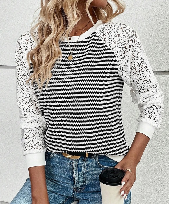 Textured Knit & Hollowed Lace Patchwork Sleeve Top | S-XL