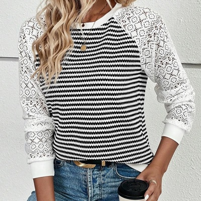 Textured Knit & Hollowed Lace Patchwork Sleeve Top | S-XL
