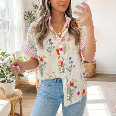 Floral Striped Patchwork Ruffled Collar Shirt | S-XL