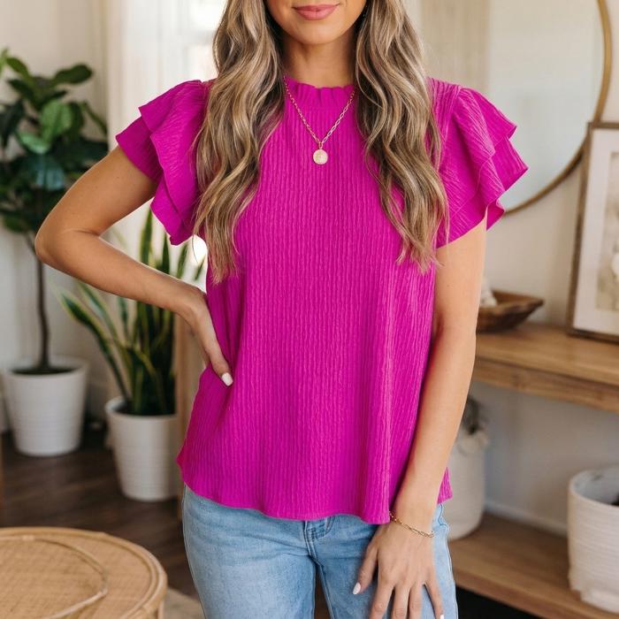 Ruffle Trim Basic Blouse | S-XL