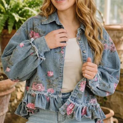 Floral Print Ruffle Hem Denim Jacket | S-XL