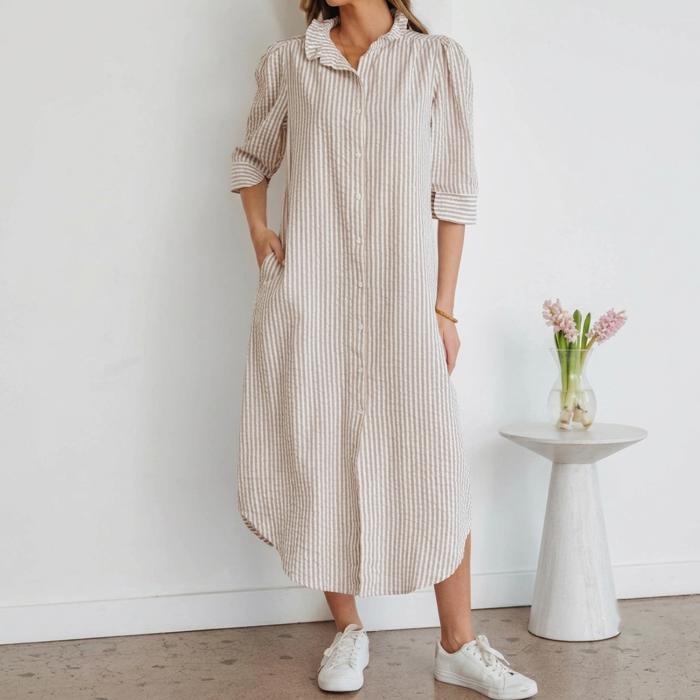 Striped Collar Half Sleeve Shirt Maxi Dress | S-XL
