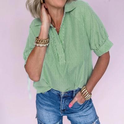 Striped Collared Split Neck Blouse | S-XL