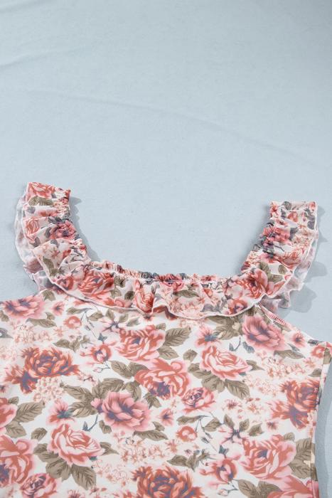 Retro Floral Square Neck Ruffle Trim Tank Top | S-XL