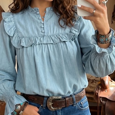 Western Ruffle V-Neck Chambray Blouse | S-XL