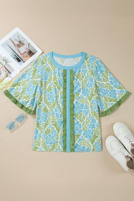 Floral Ruffle Colorblock Trim Blouse | S-XL