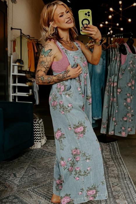Pleated Floral High-Waist Wide-Leg Denim Jumpsuit | S-XL