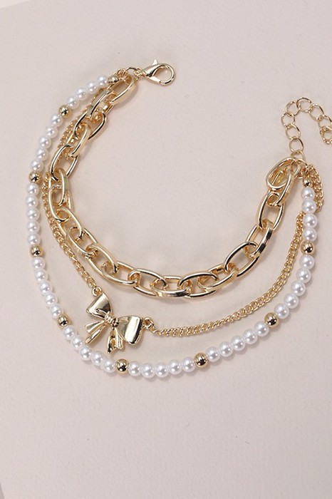 Bow Pearl Link Trio Set Bracelet | Free Shipping