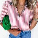  Leopard Trim Striped Half-Button Blouse | S-XL
