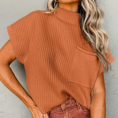 Pocket Ribbed Knit Short Sleeve Sweater | S-XL