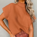 Small Gold Flame Pocket Ribbed Knit Short Sleeve Sweater | S-XL