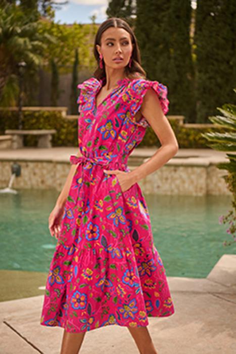 Belted Floral Flutter Sleeve Long Dress | S-XL