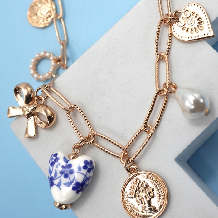 Ceramic Porcelain Bow Heart Charm Link Necklace