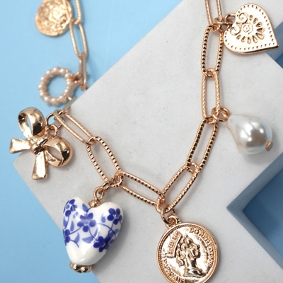 Ceramic Porcelain Bow Heart Charm Link Necklace