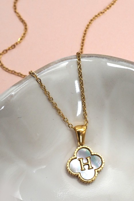 18k Stainless Steel Mother of Pearl Clover Initial Necklace