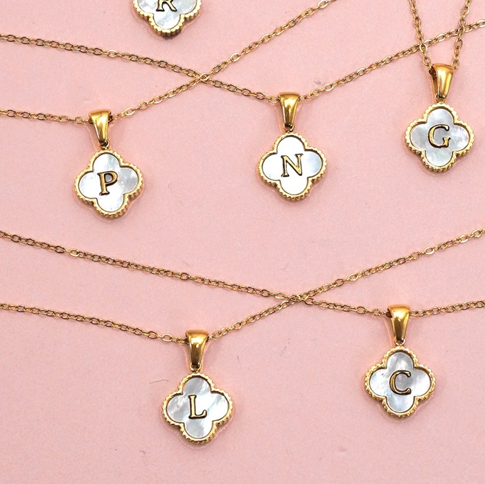 18k Stainless Steel Mother of Pearl Clover Initial Necklace